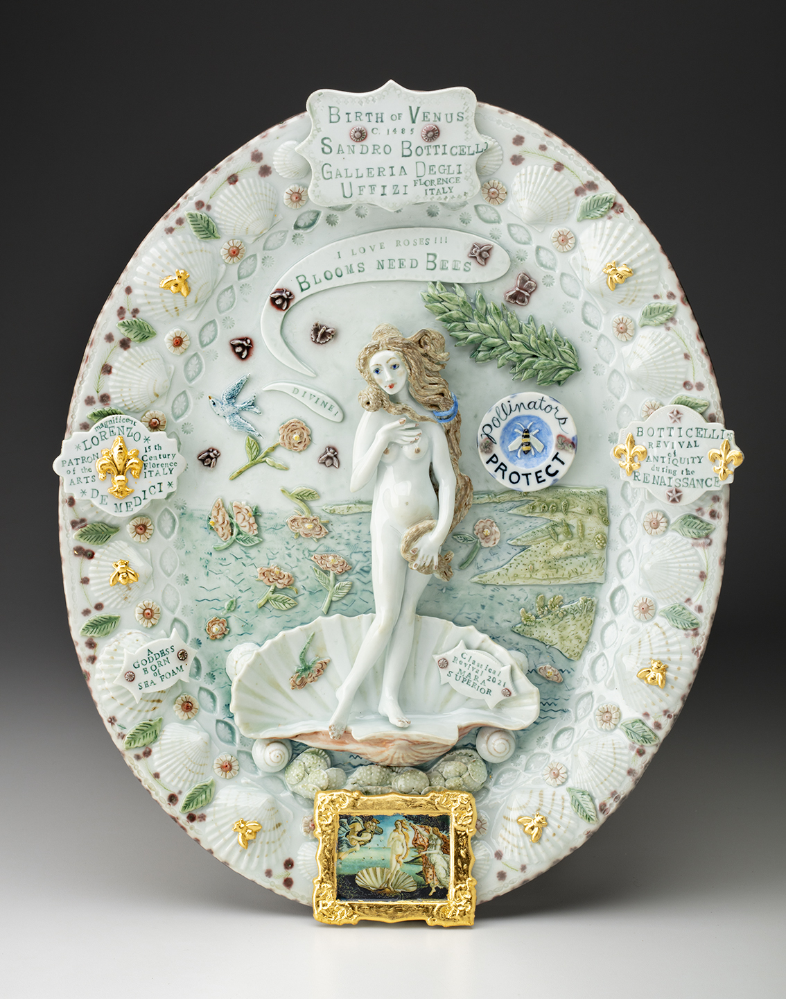 Mara Superior, "Birth of Venus (After Sandro Botticelli)", 2021, high-fired porcelain, ceramic oxides and underglazes, gold leaf, epoxy, digital print, 17.5 x 14 x 2".