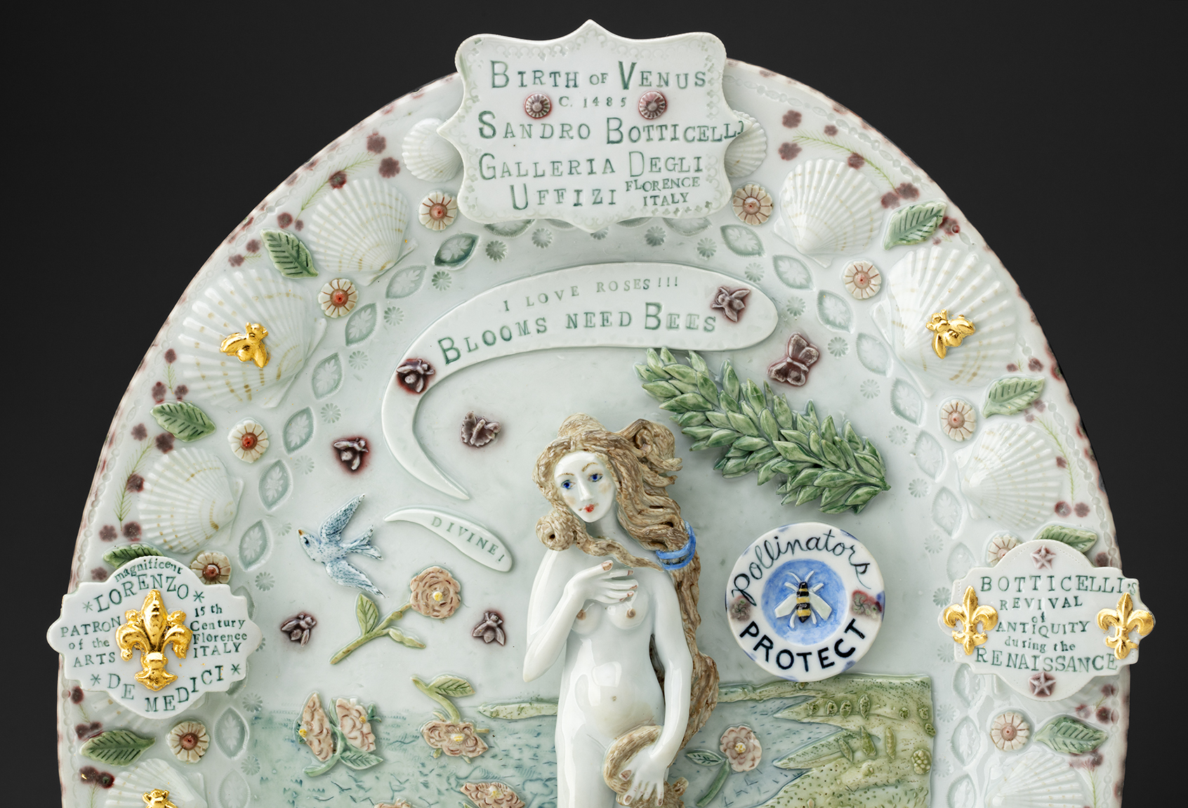 Mara Superior, "Birth of Venus (After Sandro Botticelli)", 2021, high-fired porcelain, ceramic oxides and underglazes, gold leaf, epoxy, digital print, 17.5 x 14 x 2".