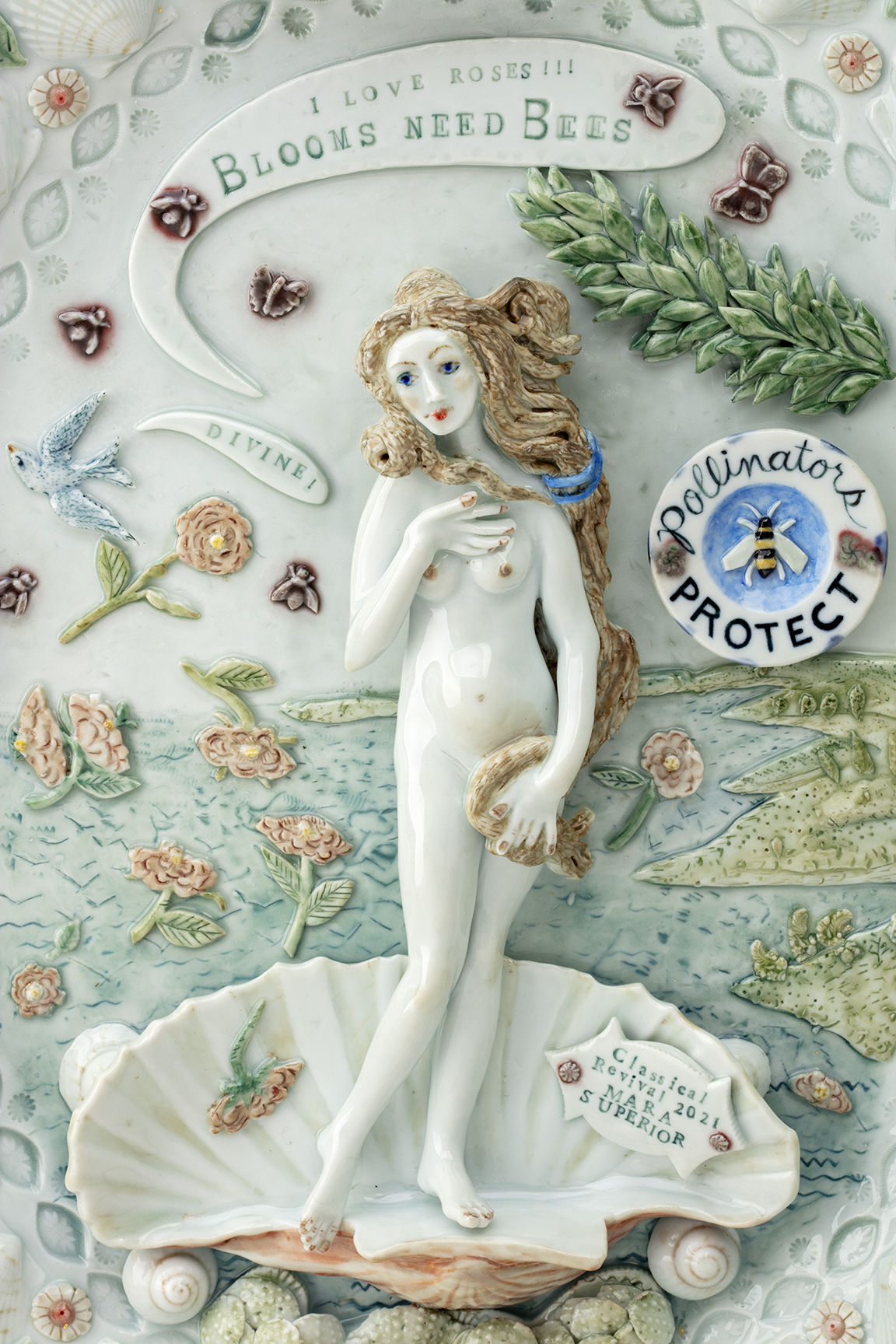 Mara Superior, "Birth of Venus (After Sandro Botticelli)", 2021, high-fired porcelain, ceramic oxides and underglazes, gold leaf, epoxy, digital print, 17.5 x 14 x 2".