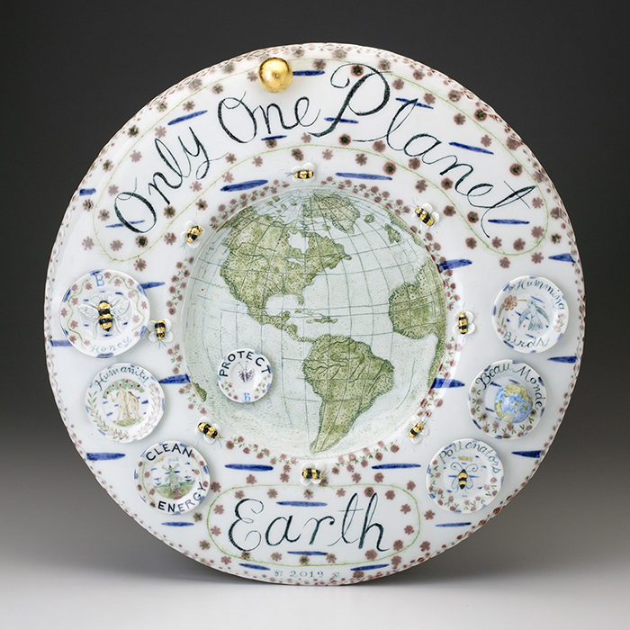 Mara Superior, "Only One Planet Earth", 2019, high-fired porcelain, ceramic oxides, underglaze, glaze, gold leaf, 16 x 16 x 1.5''.
