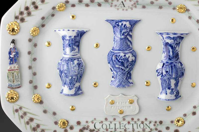 Mara Superior, “Kangxi Period, Qing Dynasty/ A Collection”, detail, 2018, porcelain, underglazes, oxides, glaze, gold leaf, 12.5 x 16 x 2.5″, Gifted by the Kohler Foundation to the Frick Pittsburgh.